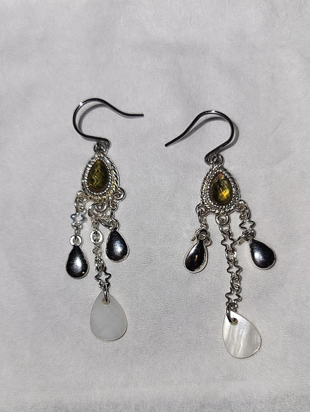 3 for $12 -Silver Dangle Earrings w/ Olive Green Stone and Mother-of-Pearl Drops